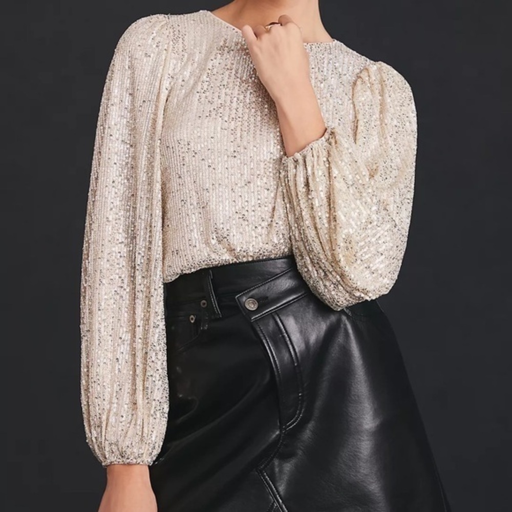 Anthropologie Flat White Sequin Top